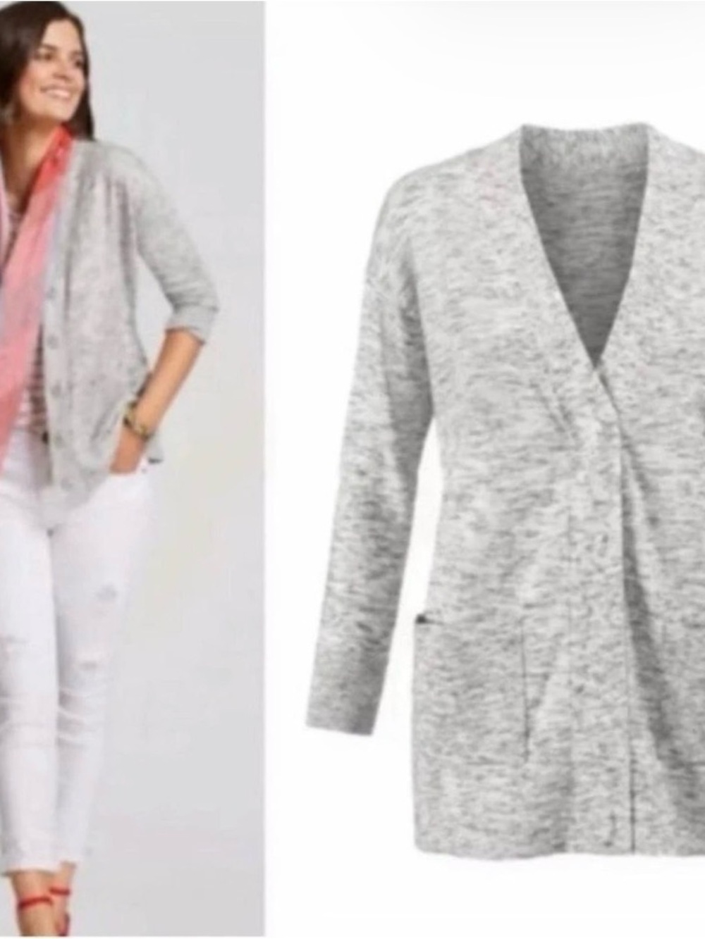 CAbi 5286 Cardigan Sweater Womens M Marble Gray Knit Pockets Snap Button Front